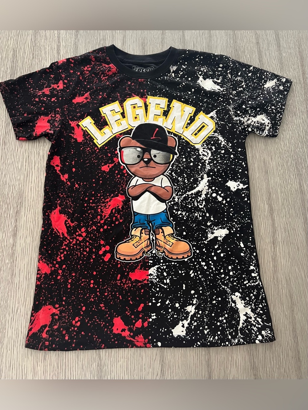 Fresh laundry  Boys Legend Bear Graphic Tee - Black, Red & White Splatter